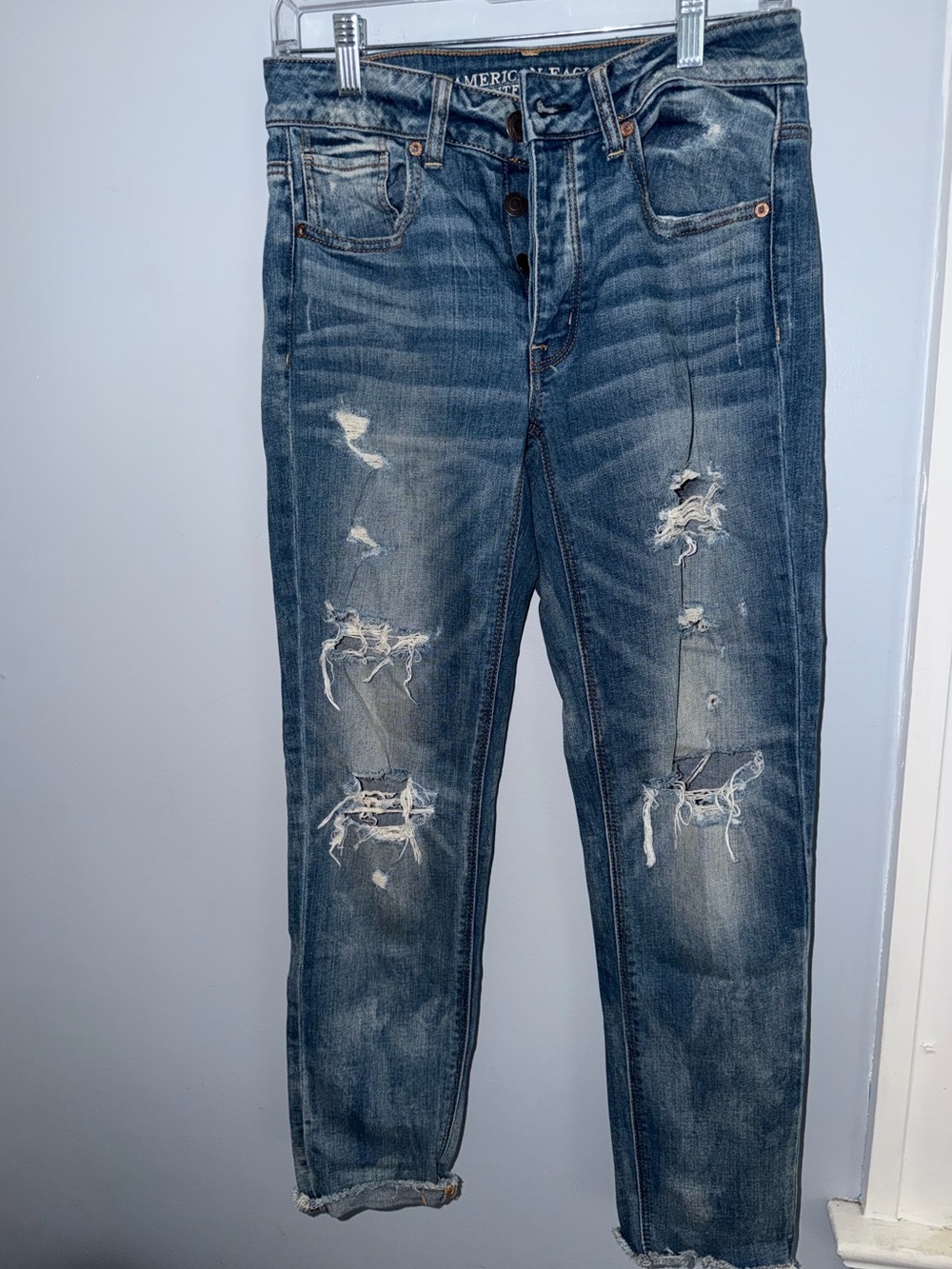 American Eagle Outfitters Button-Fly Distressed Jeans - Light Blue